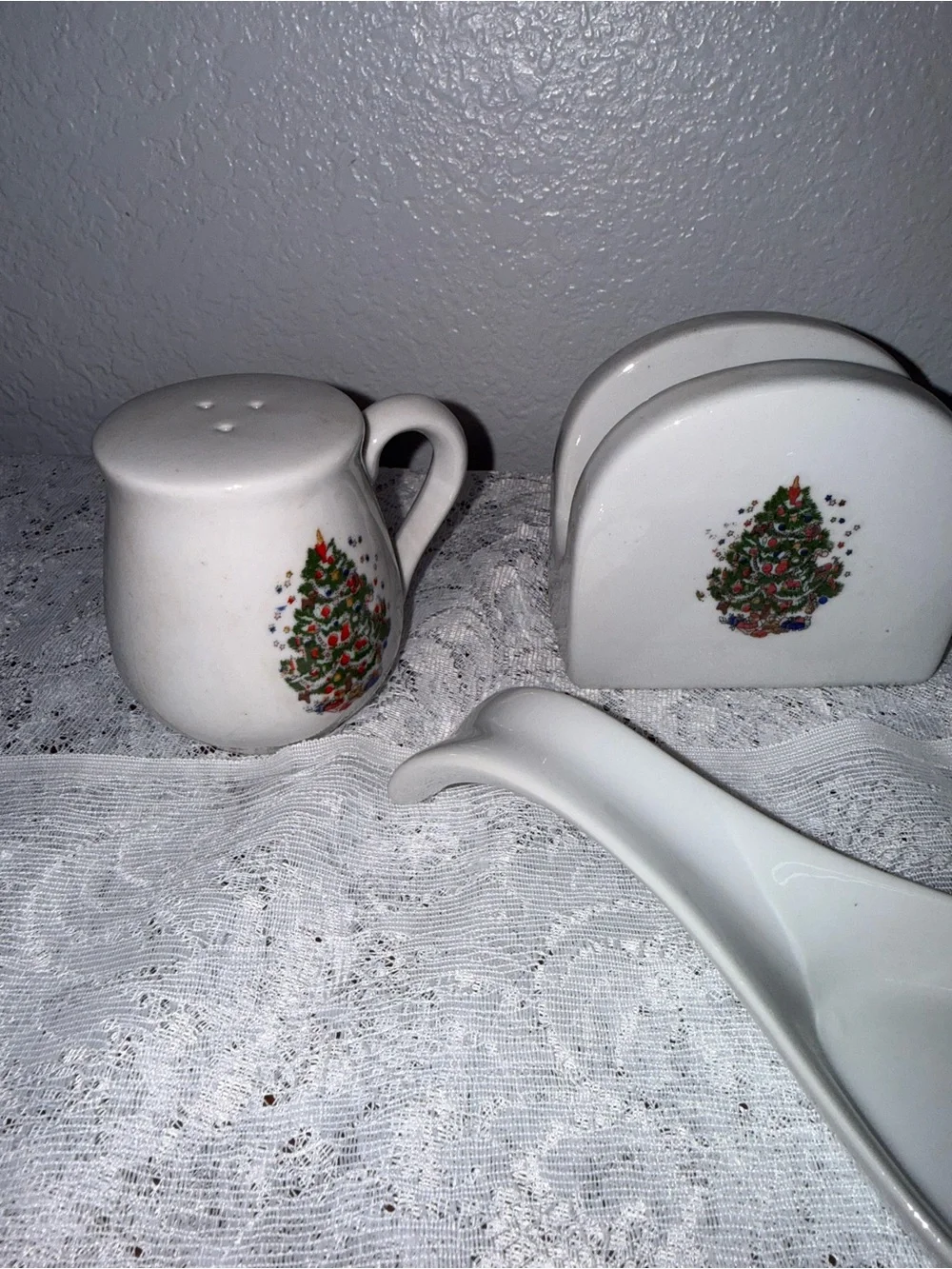 Vintage White Ceramic Holiday Tree Spoon Rest and Condiment Set